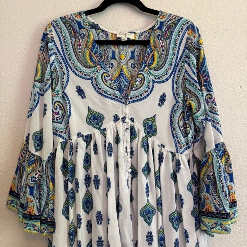 Umgee Peasant Dress Cover Up Womens Medium White Blue Paisley Maximalist Bell